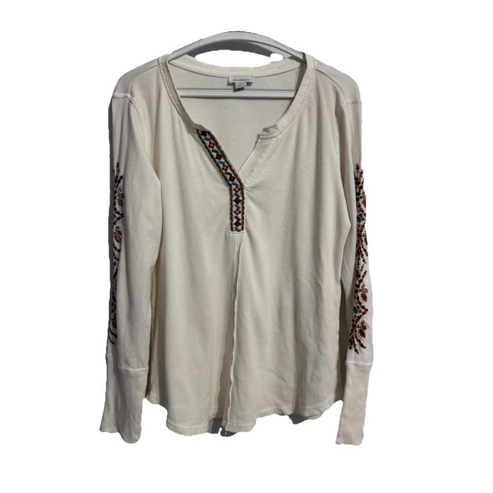 Sundance Size Medium Embroidered Top Women's Cream Cottagecore Cotton Henley